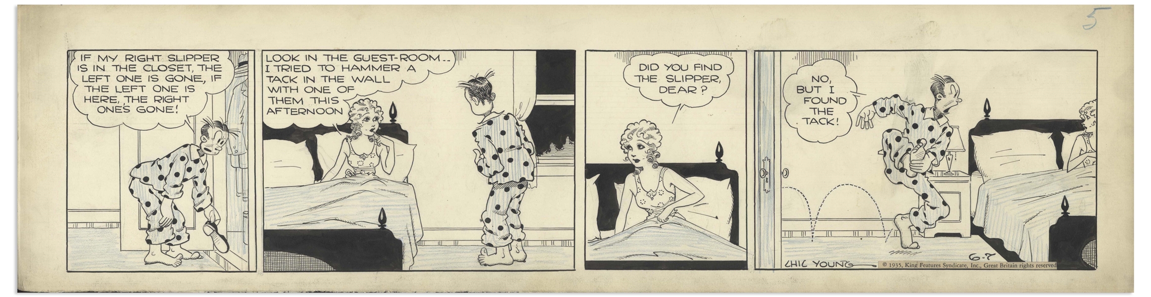 Chic Young Hand-Drawn ''Blondie'' Comic Strip From 1935 Titled ''A Regular Bloodhound'' -- Blondie Uses Dagwood's Slipper for a Hammer